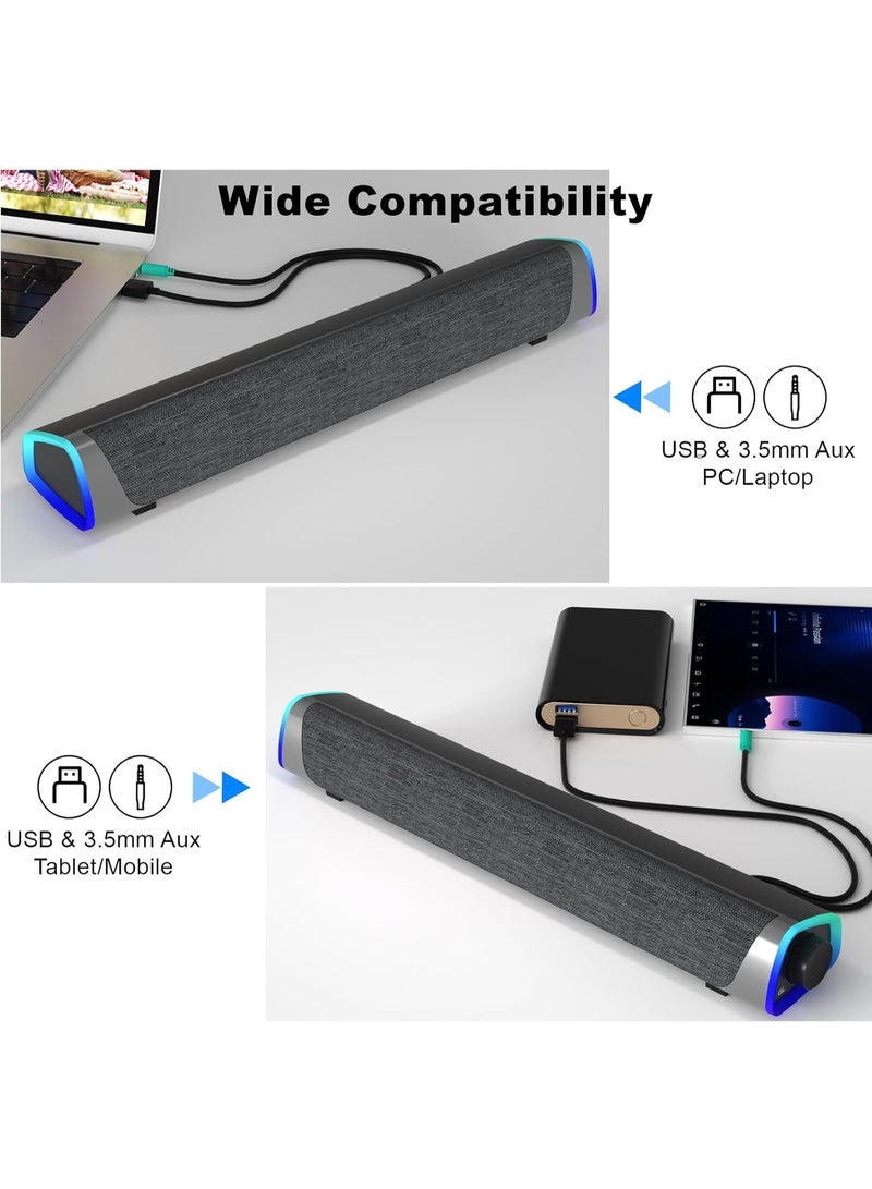 USB wired computer speaker, RGB computer soundbar, 3D surround sound speaker, with volume knob, 3.5mm audio input, suitable for desktop computers, laptops, smartphones, and tablets. - Image 4